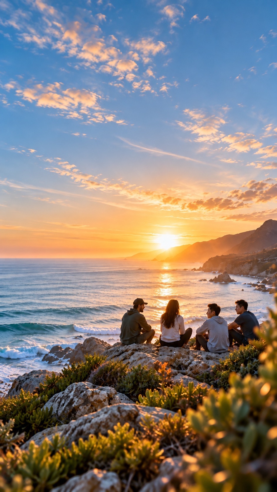 Four friends sitting on a rocky bluff above the Pacific, talking at sunset